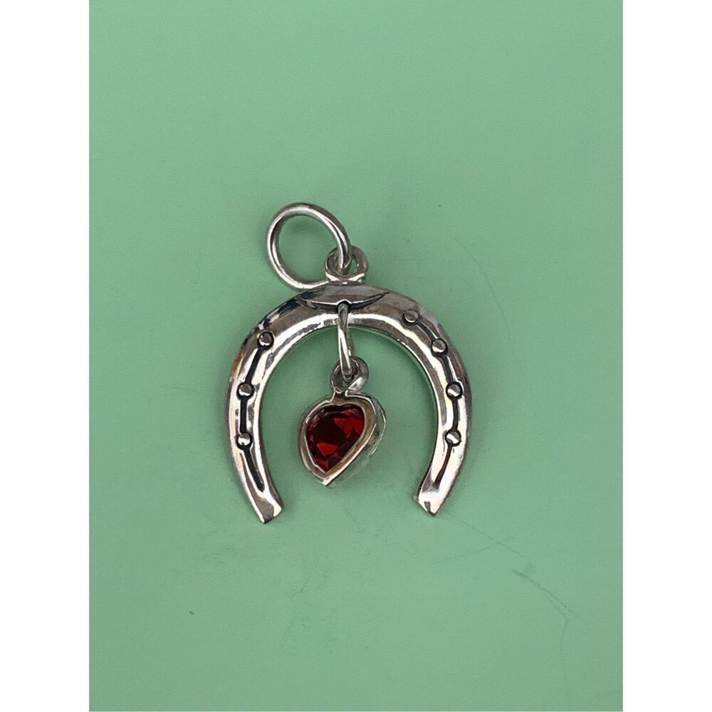 .925 Horseshoe with Garnet Heart Sterling Silver Jewelry Charm #western #love